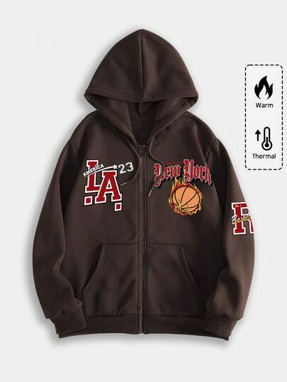 Prep Men Basketball & Letter Graphic Zip Up Thermal Lined Drawstring Hoodie, School, For Fall Winter