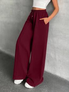 EURMUSE Women Loose Fit Front Stitch Detailed Sweatpant Pant - Burgundy - View 4