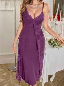 Slumberist 女式双层蕾丝边吊带睡袍 - 紫色 - 查看 5