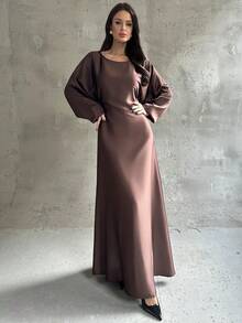 Firerie Women's New Elegant Romantic Casual Urban Commute Elegant Fashion Versatile Coffee Brown Round Neck Batwing Long Sleeve Tie-Waist X-Shaped Regular Fit A-Line Dress, Teacher Outfit, Autumn Styling, Autumn/Winter Womenswear, Brown Dress - Coffee Brown - View 2