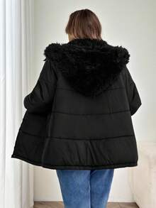 SHEIN CURVE+ Áo khoác đệm cỡ lớn dành cho nữ có cổ lông nhân tạo có thể tháo rời, màu đen - màu đen - Xem 9