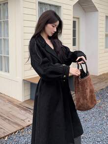 DAZY 女士休闲宽松长袖翻领长款羊毛混纺大衣，适合都市生活方式，秋冬 - 黑色 - 查看 6