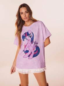 My Little Pony X SHEIN 女式休闲可爱小马印花圆领短袖T恤，夏季 - 紫色 - 查看 4