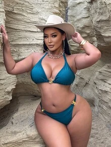 Swim SXY 大码女式闪亮吊带纯色螺旋装饰比基尼泳装套装