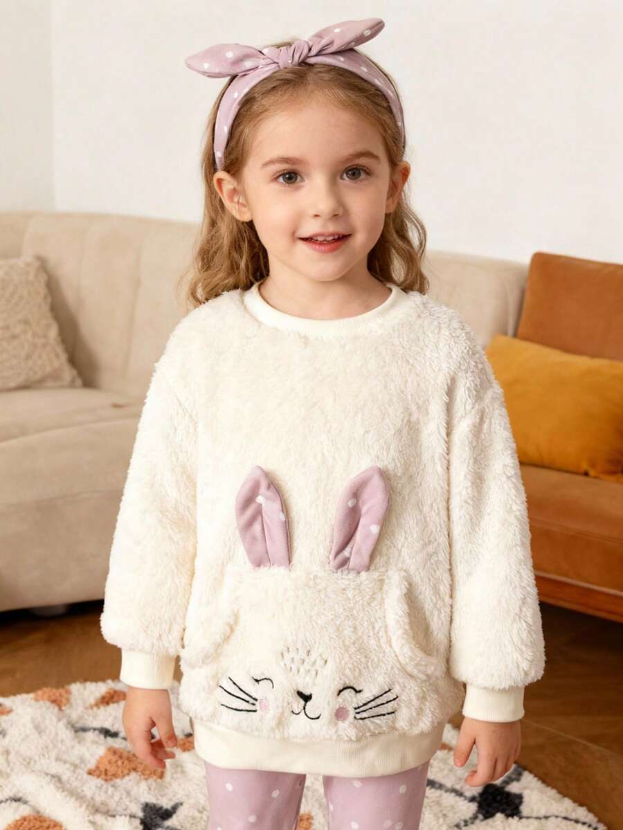 2 件套少女蓬松圆领柔软兔耳刺绣心形图案长袖上衣和裤子睡衣套装，可爱又有趣的家居服，秋冬 - 彩色 - 查看 1