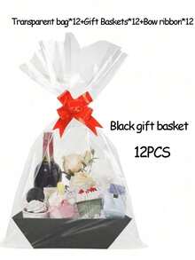 6/12 Piece Gift Basket Set, Multiple Colors Available,Christmas Hollow Gift Baskets, Including Bows, Plastic Bags, And Kraft Paper Market Tray Cardboard Baskets For DIY  Holiday Gift Wrapping, Shelf-Style Gift Baskets, Suitable For Halloween - Multicolor - View 12