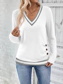 SHEIN LUNE Women's Striped V-Neck Long Sleeve Pleated Button Design Casual T-Shirt - Multicolor - View 5