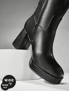 SHUZIA 女式宽筒日常休闲舒适圆头粗跟及膝靴 - 黑色 - 查看 6