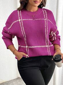 Elenzga Plus Size Casual Plaid Drop Shoulder Loose Knit Sweater, Autumn/Winter - Red Violet - View 5