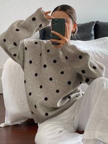 Livesso Áo len dệt kim chấm bi dáng rộng thoải mái cho nữ, phù hợp mặc công sở vào mùa thu đông - màu nâu - Xem 2