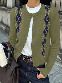 DAZY 复古格子提花撞色圆领长袖休闲街头风格针织开衫，女款，秋冬 - 綠色 - 查看 3