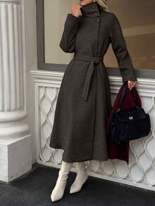 秋冬女装休闲高领纽扣腰带中长款毛呢大衣，老钱风女装/女士办公装/外出装，女士秋装 - 咖啡棕 - 查看 3