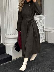 秋冬女装休闲高领纽扣腰带中长款毛呢大衣，老钱风女装/女士办公装/外出装，女士秋装 - 咖啡棕 - 查看 7