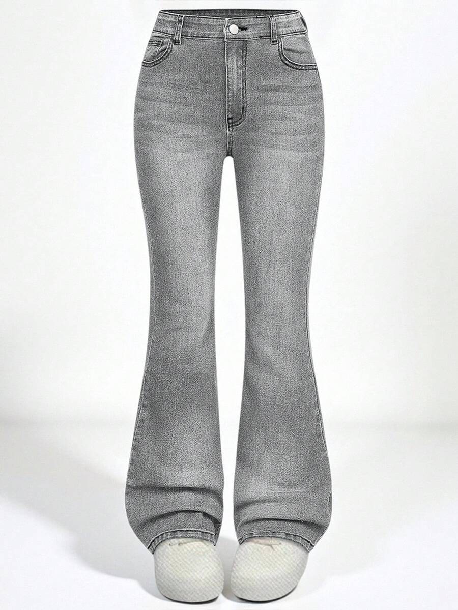 SHEIN Explorewe Y2K Fashion Versatile Distressed Elastic Flare Jeans For Teenage Girls - Light Grey - View 1