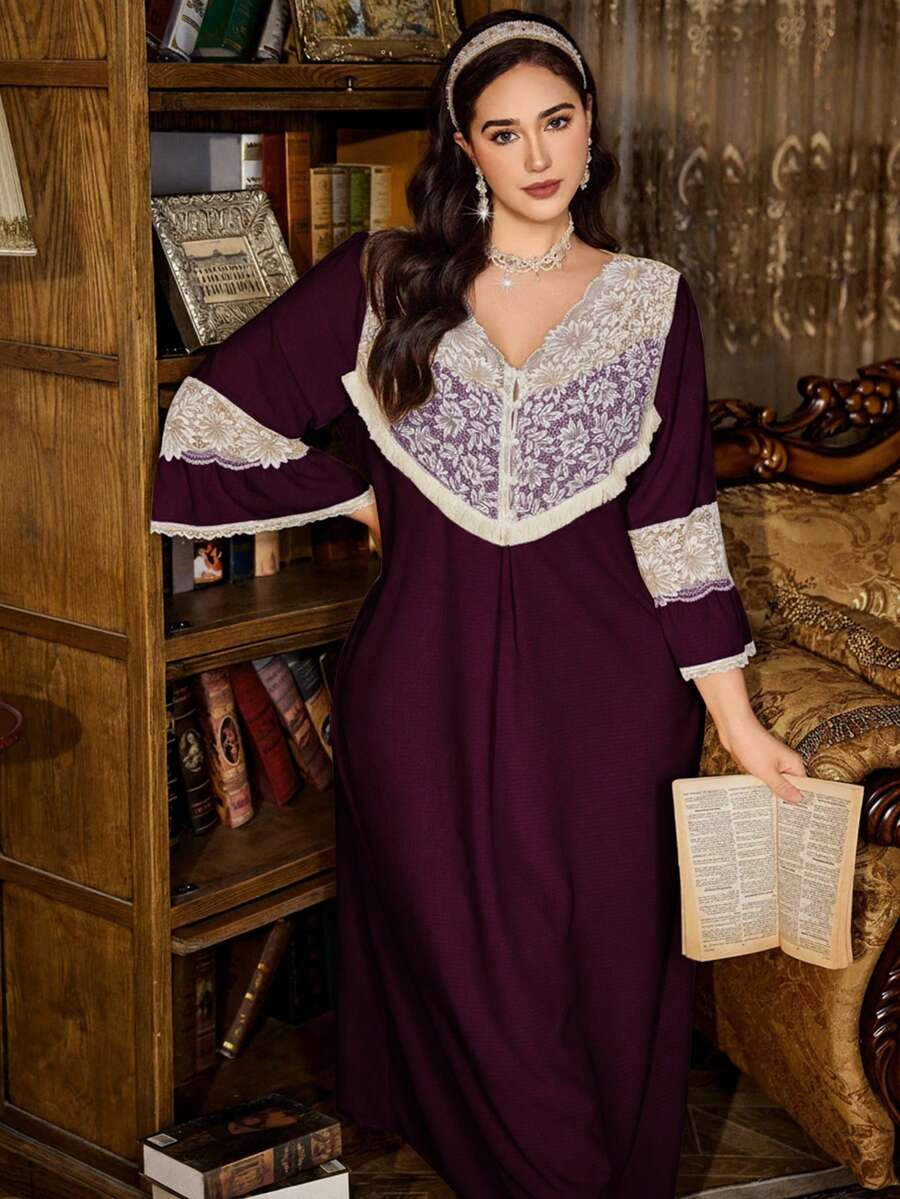 PalaceNights Camisón vintage con volantes de encaje, talla grande, otoño e invierno - Morado - Ver 1