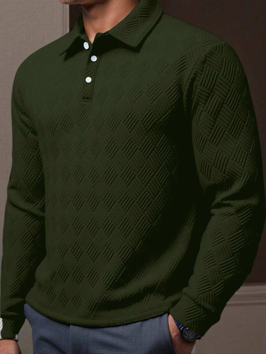 Calvornis Camisa polo de manga larga de unicolor casual para hombres de talla grande - Verde militar - Ver 1