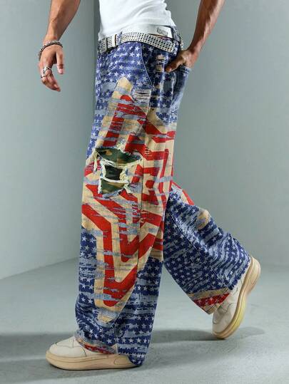 Street Life Jeans droits mode homme, coupe ample, avec poches et imprimé drapeau et motifs contrastés