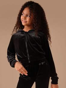 SUMWON 秋冬款女童天鹅绒连帽卫衣套装，带蝴蝶钻石细节连帽 - 黑色 - 查看 6