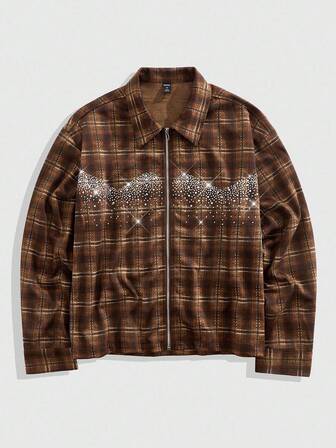 Street Life Men's Plaid Rhinestone Decor Long Sleeve Shacket