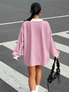 Muchica Women's Casual Contrast Color Polo Collar Long Sleeve Loose T-Shirt, Suitable For Autumn/Winter