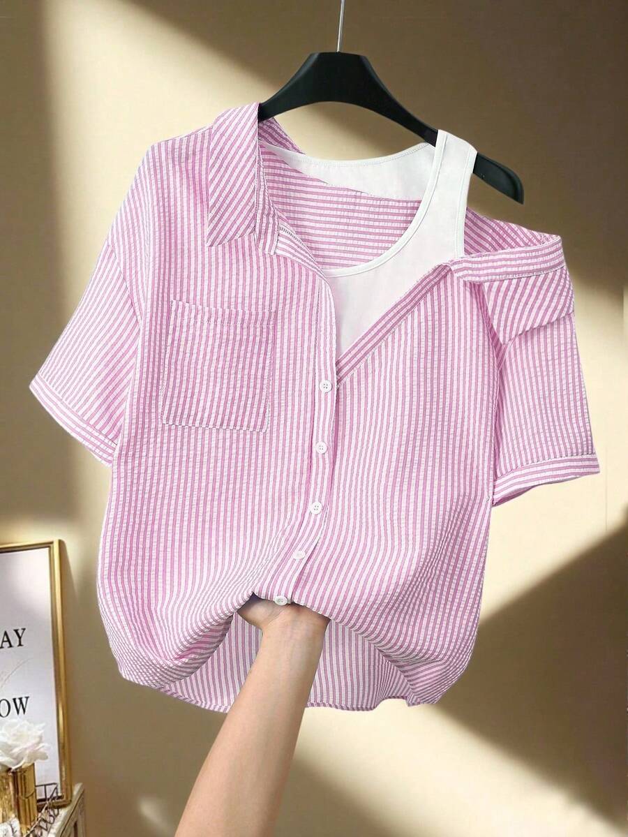 Franclia 女士休闲条纹插肩短袖纹理蓝白衬衫，夏季大学服装 - 粉色 - 查看 1
