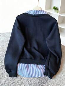 SHEIN 女士休闲条纹拼布运动衫，秋冬 - 藍色 - 查看 2
