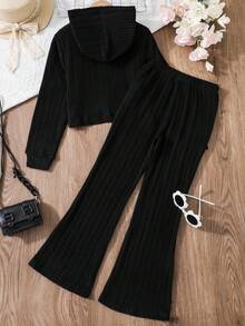 Tween Girls' Solid Color Ribbed Hoodie And Flare Pants Set