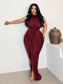 Maweii Plus Size Ruched Waist Sleeveless Bodycon Dress - Burgundy - View 4
