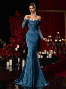 Glamrae Elegant Blue Lace Fabric Satin Patchwork Mermaid Dress,Off Shoulder Long Sleeve Boned Bra Cup Formal Gala Wedding Event Birthday Party Gown With Train - Lake Blue - View 8