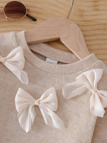 SHEIN 女宝宝0-3岁杏色甜美蝴蝶结装饰可爱优雅圆领长袖毛衣搭配杏色针织裤套装，适合外出、休闲、生日派对 - 杏色 - 查看 4
