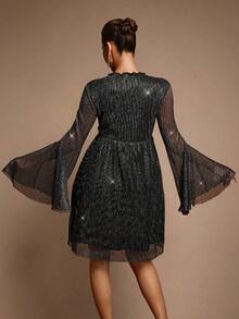 MaterniChic Autumn Black Elegant Formal Maternity Dress,Stand Collar Flare Sleeve Sequin Evening Pregnancy Dress For Photoshoot,Shiny Glitter Pregnant Party Gown - Black - View 2