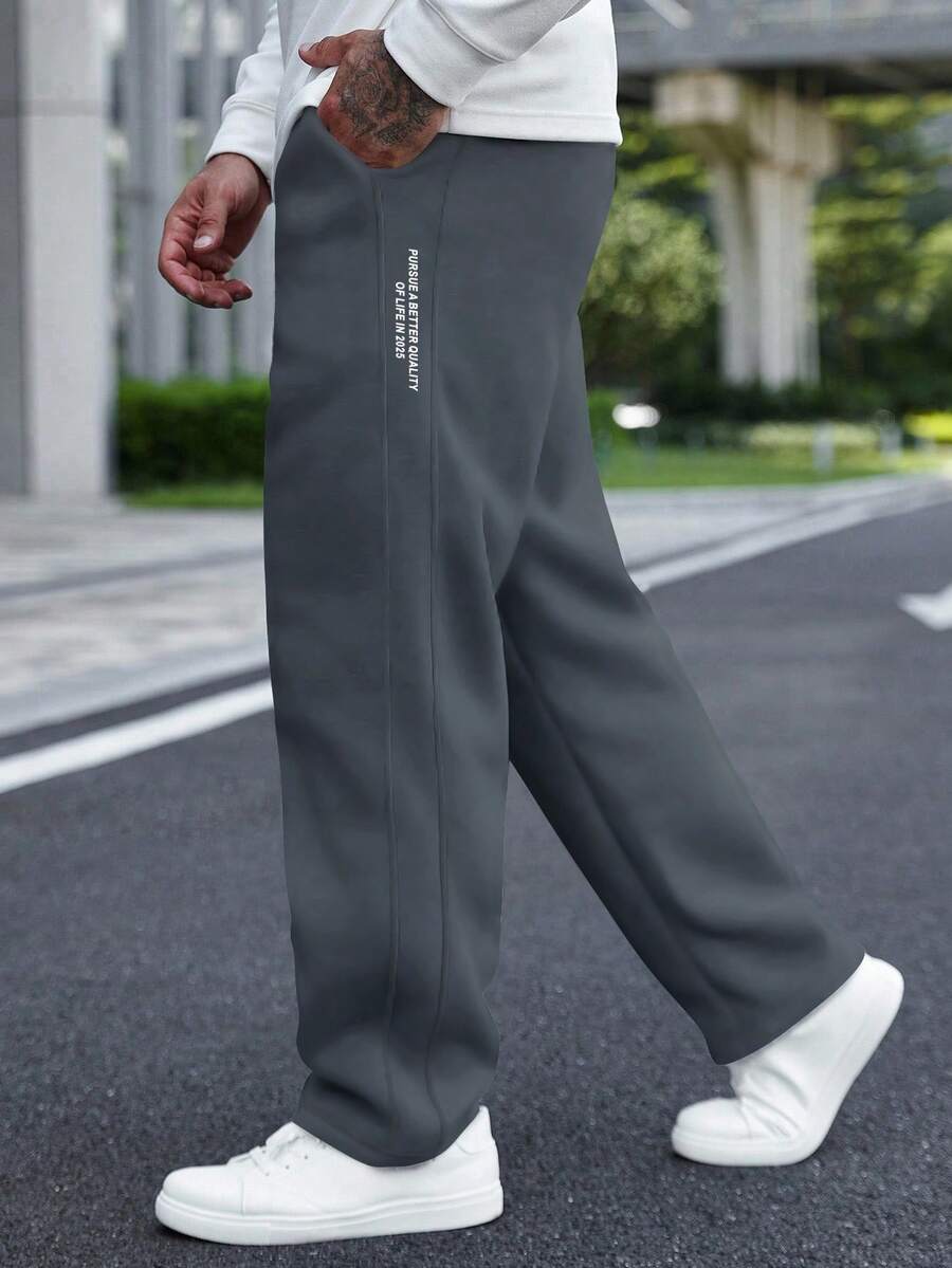 Manfinity Homme 男士字母印花抽绳腰口袋宽松休闲运动裤 - 深灰色 - 查看 1