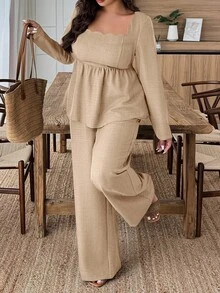 Weeklong 2pcs Set Square Neck Scalloped Hem Faux Linen Pants Suit - Khaki - View 3