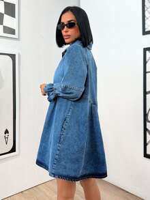 EURMUSE Fashionable Washed Front Button Denim Dress, Autumn - Blue - View 2