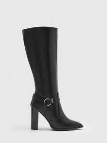 CUCCOO BIZCHIC Hochwertige Herbst/Winter Schnallen Pendler Schwarz Kniehohe Stiefel, Spitze Zehe Plateau Absatz Elegante Damenstiefel, Modischer vielseitiger neuer Stil Lange Stiefel, die weiblichen Charme und Eleganz zeigen - Schwarz - Übersicht 2