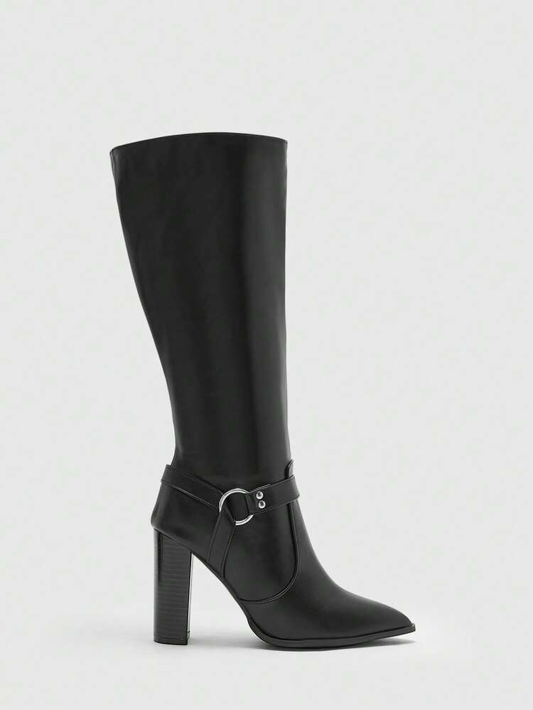 CUCCOO BIZCHIC Botas altas de invierno/otoño de alta calidad con hebilla, botas negras de rodilla para ir al trabajo, botas de mujer de punta puntiaguda con tacón grueso, elegantes y de estilo versátil y de moda, que muestran el encanto femenino y la elegancia