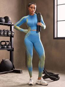 Powerista Women's Color Block Raglan Sleeve Stand Collar Zip-Up Fitted Sports Jacket Blue Workout Set Women Athletic Sets Long Sleeve Workout Set - Blue - View 5