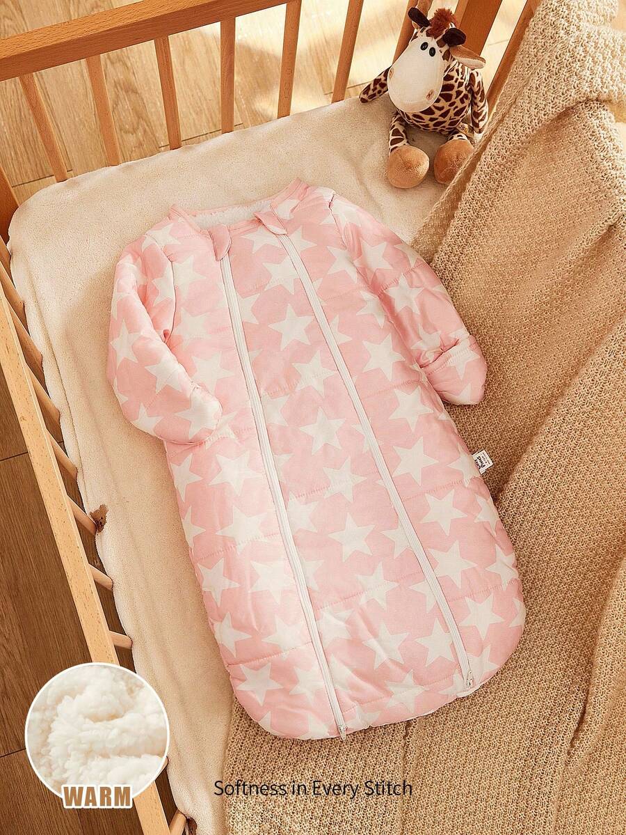 Cozy Pixies 1-Pack Of Thickened, Long-Sleeved Baby Sleeping Bag With Pink Star Print. - Pink - View 1