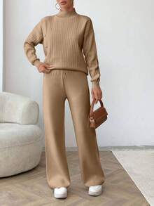 EURMUSE Women Solid Color Button Detailed Mock Neck Drop Shoulder Pullover & Sweater Pants Set,Petite,Winter Clothes - Unta - View 4