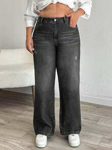 EURMUSE HIGH RISE STRAIGT CUT RIPPED PLUS SIZE WOMEN JEAN - Black - View 1