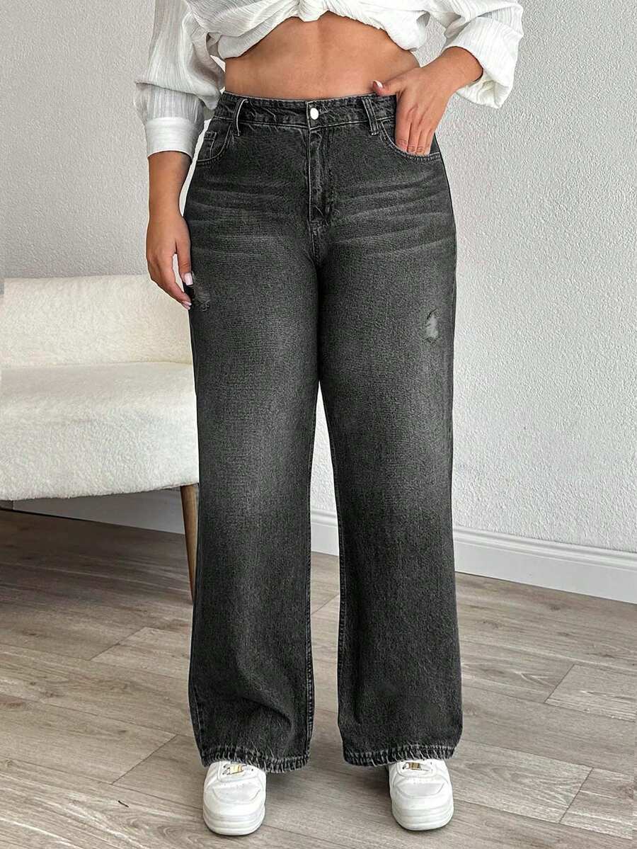 EURMUSE HIGH RISE STRAIGT CUT RIPPED PLUS SIZE WOMEN JEAN - Black - View 1