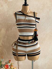 Soleia New Back To School Casual Resort Western Beach Wedding Guest Attire Graduation Brunch Women's Outfit, St. Patrick's Day Spring Break Easter Music Festival Elegant Bohemian Tropical Chic Asymmetrical Shoulder Striped Knit Two Pieces Set