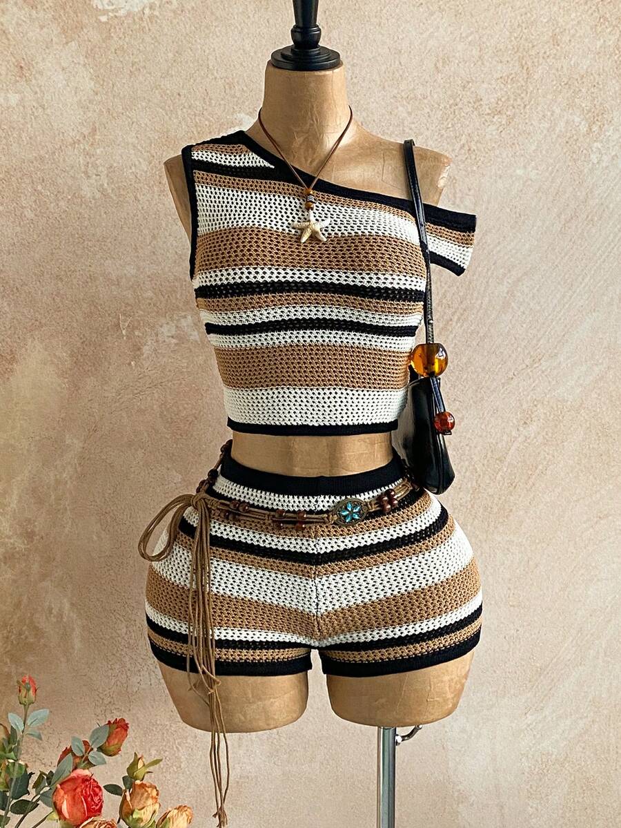 Soleia New Back To School Casual Resort Western Beach Wedding Guest Attire Graduation Brunch Women's Outfit, St. Patrick's Day Spring Break Easter Music Festival Elegant Bohemian Tropical Chic Asymmetrical Shoulder Striped Knit Two Pieces Set