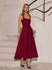 EURMUSE Đầm dài dự tiệc màu trơn thanh lịch cho nữ - Màu Đỏ Sâu - Xem 3