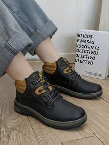 Hombre resistente costura doble punta redonda cordones suela dentada estilo urbano outdoor trabajo bota alta - Negro - Ver 3