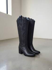 Botas vaqueras de mujer cowgirl lisas botas a la rodilla botas para mujer calzado vaquero botas estilo tejano botas western cowboy suela antideslizante acojinadas botas eñeganytes de lujo para fiestas  festivales texanas desierto jaripeos casuales botines cortos botas womens boots shoes - Negro - Ver 3