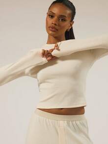 MUSERA ESSENTIALS Long Sleeve Soft Rib Crewneck Top Autumn Winter Fall Underwear Everyday Cosy Lounge Essential Spring Vacation Holiday - White - View 2