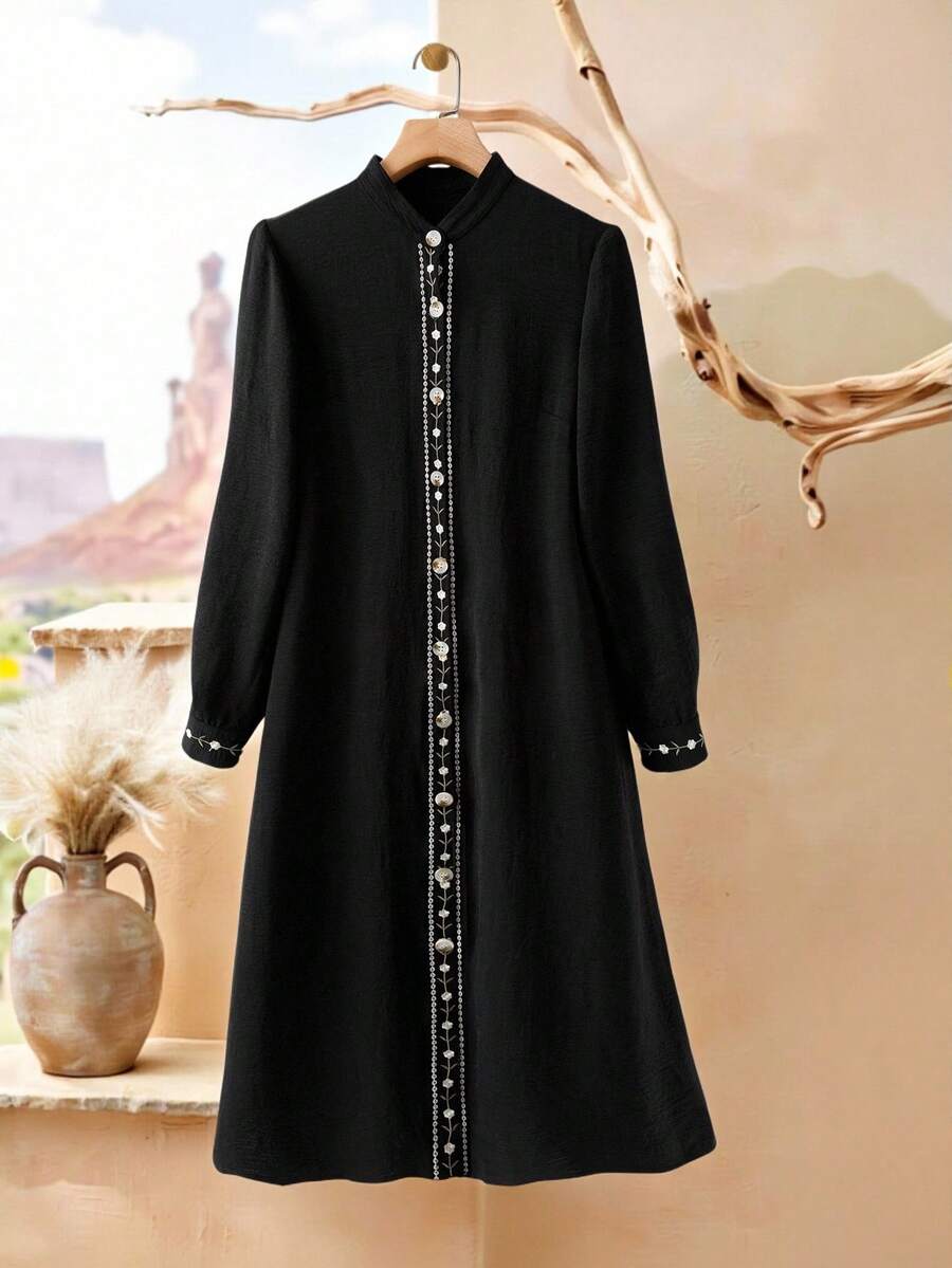 Rusticease Women's Vintage Fashion Versatile Front Button Long Sleeve Dress Utumn Winter Women Elegant Dresses For Party Black Dress Clothes For New Year New Year Look Black Dress Women Collared Dress Women Dress Black Church Dress Shirt Dress  Winter Clothes For Women
