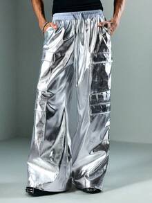 ROMWE MEN Street Life Men's Shiny Silver Elastic Waist Cargo Pocket Wide Leg Casual Sweatpants - Silver - View 5