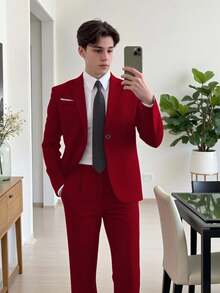 SHEIN 2件套青少年男孩绅士装，包含修身单排扣西装外套+优雅长裤。适合生日派对、婚礼、正式场合、演出、主持活动 - 酒紅色 - 查看 6